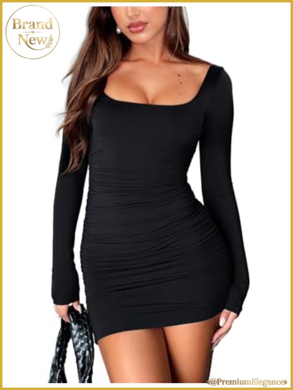 Square Neck Ruched Bodycon Mini Dress Long Sleeve Club Party